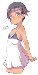 Rule 34 | 1girl, :o, arms behind back, bare arms, bare shoulders, black hair, blush, cowboy shot, cropped legs, dark-skinned female, dark skin, dated, dress, maze (gochama ze gohan), original, own hands together, parted lips, purple eyes, short hair, signature, simple background, sketch, sleeveless, sleeveless dress, solo, thick eyebrows, white background, white dress