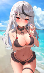 Rule 34 | 1girl, 339 akano, alternate costume, bare shoulders, beach, bikini, black bikini, black collar, black hair, blush, braid, breasts, cleavage, closed mouth, collar, collarbone, commentary request, day, ear piercing, grey hair, hair ornament, highres, hololive, large breasts, looking at viewer, multicolored hair, navel, ocean, outdoors, piercing, red eyes, revision, sakamata chloe, smile, solo, stomach, streaked hair, swimsuit, thigh strap, thighs, virtual youtuber, wet, x hair ornament