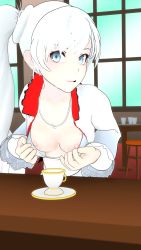 Rule 34 | 1girl, 3d, blue eyes, breasts, cafeteria, clothes pull, cup, earrings, flashing, high collar, highres, jewelry, long hair, long sleeves, looking at viewer, lvl3toaster, necklace, nipples, no bra, open mouth, rwby, scar, shirt pull, side ponytail, small breasts, smile, table, teacup, upper body, weiss schnee, white hair, window