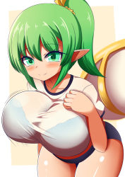 Rule 34 | 1girl, bouncing breasts, bow, breasts, daiyousei, fairy wings, gero zoukin, green eyes, green hair, hair bow, hair ribbon, highres, large breasts, oppai loli, pointy ears, ponytail, ribbon, see-through, short hair, side ponytail, solo, sportswear, touhou, wings, yellow bow, yellow ribbon