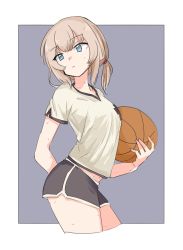 Rule 34 | 10s, 1girl, aaru (kerogero1582), alternate hairstyle, arm behind back, ball, basketball, basketball (object), black shorts, blue eyes, closed mouth, commentary, contrapposto, cropped legs, dolphin shorts, emblem, from side, girls und panzer, grey background, gym shirt, gym shorts, gym uniform, hair tie, hair up, head tilt, highres, holding, holding ball, itsumi erika, light frown, looking at viewer, medium hair, navel, outline, outside border, print shirt, reference work, shirt, short ponytail, short shorts, short sleeves, shorts, silver hair, single vertical stripe, solo, standing, sweat, v-neck, white outline, white shirt