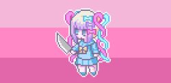 Rule 34 | 1girl, blue eyes, blue hair, bow, chibi, chouzetsusaikawa tenshi-chan, eencya, full body, hair bow, holding, holding knife, knife, long hair, long sleeves, multicolored hair, needy girl overdose, official art, outline, pink background, pink hair, pixel art, quad tails, second-party source, solo, standing, white outline