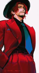 Rule 34 | 1boy, absurdres, alternate costume, blue necktie, commentary, english commentary, facial hair, formal, hands in pockets, hat, highres, male focus, necktie, one piece, red eyes, red hair, red suit, scar, scar on face, shanks (one piece), short hair, signature, smile, solo, suit, teeth, vamos mk