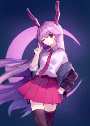 Rule 34 | 1girl, ainy, animal ears, bad id, bad pixiv id, black thighhighs, blazer, crescent, crescent moon, dress shirt, finger gun, jacket, long hair, long sleeves, looking at viewer, miniskirt, moon, necktie, off shoulder, pink skirt, pleated skirt, pointing, pointing up, purple hair, rabbit ears, red eyes, red necktie, reisen udongein inaba, shirt, skirt, sleeves rolled up, smile, solo, thighhighs, touhou, very long hair, white shirt, zettai ryouiki