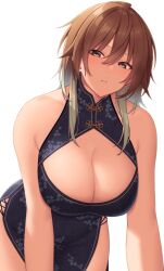 Rule 34 | 1girl, aketa mikoto, blush, breasts, brown hair, china dress, chinese clothes, cleavage, cleavage cutout, clothing cutout, dress, gradient hair, highres, idolmaster, idolmaster shiny colors, kirou (kiruyuu1210), large breasts, leaning forward, looking at viewer, multicolored hair, side slit, simple background, sleeveless, sleeveless dress, solo, white background