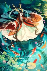 Rule 34 | 1girl, absurdly long hair, animal, antlers, artist name, blue background, blue shawl, brown hair, centauroid, claws, closed eyes, dragon girl, dragon print, dragon tail, dress, fish, floating hair, flower, full body, hands up, highres, hinata (echoloveloli), horns, koi, lily pad, long hair, long sleeves, lotus, monster girl, original, outdoors, outstretched arms, partially submerged, pink flower, pond, red dress, ripples, see-through shawl, shawl, solo, swimming, tail, taur, very long hair, water, white dress, wide sleeves