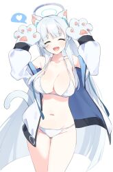 Rule 34 | 1girl, animal ears, animal hands, arms up, bikini, blue archive, blush, breasts, cat girl, cat paws, cat tail, cleavage, closed eyes, gloves, grey hair, halo, highres, jacket, large breasts, long hair, mechanical halo, meunhongcha, navel, noa (blue archive), off shoulder, open clothes, open jacket, paw gloves, simple background, smile, solo, swimsuit, tail, white bikini, white hair