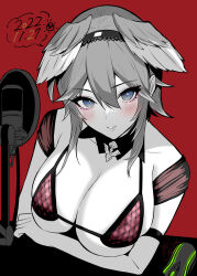 Rule 34 | 1girl, alternate costume, alto seneka, arm strap, arm under breasts, bikini, black hairband, blue eyes, blush, breasts, cleavage, closed mouth, commentary, dated, detached collar, eyelashes, greyscale with colored background, hair between eyes, hairband, head wings, highres, hololive, large breasts, light smile, lips, looking at viewer, medium hair, microphone, mouse (computer), partially colored, pop filter, purple bikini, red background, signature, simple background, smile, solo, string bikini, swimsuit, takane lui, upper body, virtual youtuber, wings