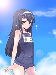 Rule 34 | 10s, 1girl, black hair, blue sky, brown hair, cloud, commentary request, day, girls und panzer, hairband, long hair, one-piece swimsuit, reizei mako, sako (bosscoffee), school swimsuit, sky, solo, swimsuit, translation request, wet