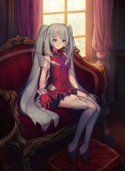 Rule 34 | 1girl, black skirt, blue eyes, boots, closed mouth, couch, curtains, fate/grand order, fate (series), gloves, grey hair, high heel boots, high heels, hoshi o mite, indoors, legs together, long hair, long legs, marie antoinette (fate), red gloves, sidelocks, sitting, skirt, sleeveless, smile, solo, thigh boots, thighhighs, twintails, very long hair, white footwear, white thighhighs, window