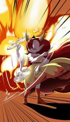 Rule 34 | 1girl, boots, breasts, closed eyes, cocco (cocco1192), colored skin, disney, dress, explosion, female focus, fire, hair over one eye, hekapoo, high heels, highres, holding, holding scissors, horns, large breasts, monster girl, red hair, scissors, solo, standing, star vs the forces of evil, white skin, yellow dress