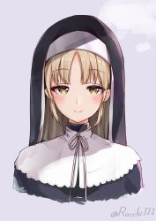 Rule 34 | 1girl, blonde hair, blush, closed mouth, dress, grey background, habit, headdress, highres, looking at viewer, neck ribbon, nijisanji, nun, portrait, purple dress, racchi., ribbon, simple background, sister claire, sister claire (1st costume), smile, solo, traditional nun, twitter username, virtual youtuber, white ribbon, yellow eyes