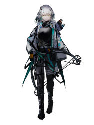 Rule 34 | 1girl, absurdres, arknights, black footwear, black pants, black shirt, boots, bow (weapon), commentary request, compound bow, crossbow, full body, green eyes, grey hair, grey jacket, greythroat (arknights), hair ornament, highres, holding crossbow, holding weapon, jacket, looking at viewer, mackia, open clothes, open jacket, pants, shirt, short hair, simple background, solo, standing, straight-on, tachi-e, weapon, white background