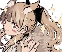 Rule 34 | 1girl, ;), animal ear fluff, animal ears, arknights, blemishine (arknights), blush stickers, brown eyes, brown hair, closed mouth, fur trim, hand up, highres, long hair, looking at viewer, one eye closed, ponytail, simple background, smile, solo, sparkle, tetuw, upper body, v-shaped eyebrows, white background