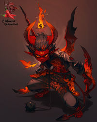 Rule 34 | 1boy, ball and chain (weapon), baphomet, black coat, black hair, black pants, chili pepper, coat, colored sclera, dagger, demon tail, fire, highres, holding, holding dagger, holding knife, holding weapon, horns, knife, looking at viewer, male focus, orange sclera, original, pants, pentagram, personification, pointy ears, red theme, rinotuna, sharp toenails, short hair, solo, spiked ball and chain, tail, toenails, weapon, wings