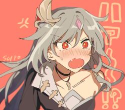 Rule 34 | 1girl, anger vein, text background, bare shoulders, black choker, black shirt, character request, choker, commentary request, fang, fu hua, fu hua (herrscher of sentience), grey hair, hair between eyes, highres, honkai (series), honkai impact 3rd, long hair, off shoulder, open mouth, red background, red eyes, shirt, simple background, solo, translation request, uehara suiyo, upper body, v-shaped eyebrows, very long hair