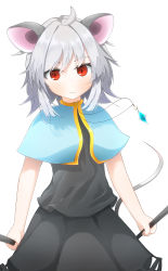 Rule 34 | 1girl, absurdres, animal ears, closed mouth, commentary request, cowboy shot, dowsing rod, expressionless, flat chest, grey hair, grey skirt, grey vest, hair between eyes, highres, holding, looking at viewer, mouse ears, mouse girl, mouse tail, nazrin, red eyes, shirt, short hair, simple background, skirt, skirt set, solo, suwa (au swap), tail, touhou, vest, white background, white shirt