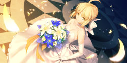 Rule 34 | 1girl, ahoge, artoria pendragon (all), artoria pendragon (fate), bare shoulders, blonde hair, blurry, bouquet, bow, braid, breasts, choker, cleavage, depth of field, dress, dutch angle, elbow gloves, fate/stay night, fate (series), flower, french braid, gloves, green eyes, hair bow, highres, lily (flower), official alternate costume, petals, saber (fate), saber (royal dress) (fate), short hair, small breasts, smile, solo, wedding dress, white gloves, yangsion