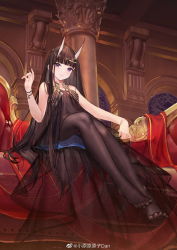 Rule 34 | 1girl, atdan, azur lane, bare arms, bare shoulders, black pantyhose, feet, full body, hair ornament, hairclip, highres, horns, long hair, looking at viewer, nightgown, noshiro (azur lane), oni horns, pantyhose, purple eyes, see-through, sitting, skirt, solo, stairs, very long hair