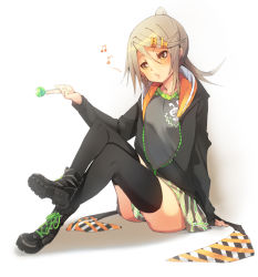 Rule 34 | 1girl, beamed quavers, black thighhighs, boots, brown eyes, candy, food, fu-ta, grey hair, hair ornament, hairclip, hood, hooded jacket, jacket, lollipop, musical note, original, ponytail, quaver, sitting, skirt, solo, thighhighs, usami taiga, whistling