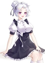 Rule 34 | 1girl, gamin (rkald1110), looking at viewer, open mouth, purple eyes, simple background, sitting, smile, solo, stellive, virtual youtuber, white hair