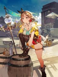Rule 34 | 1girl, asymmetrical legwear, atelier (series), atelier ryza, atelier ryza 2, barrel, blue sky, boots, bottle, breasts, brown eyes, brown hair, cleavage, cloud, hair ornament, hat, high heels, highres, holding, holding staff, jewelry, long sleeves, looking at viewer, neckerchief, necklace, official art, open mouth, red shorts, reisalin stout, sandals, short shorts, shorts, single thighhigh, skindentation, sky, solo, staff, thick thighs, thigh strap, thighhighs, thighs, toridamono, uneven legwear, village, water bottle