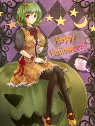 Rule 34 | 1girl, :3, adapted costume, argyle, argyle background, argyle clothes, bad id, bad pixiv id, black pantyhose, brown dress, crescent, dress, ghost, green hair, hairband, halloween, happy halloween, hat, highres, jack-o&#039;-lantern, kazami yuuka, looking at viewer, pantyhose, red eyes, shironeko yuuki, shirt, short sleeves, sitting, sitting on object, smile, solo, star (symbol), stuffed animal, stuffed cat, stuffed toy, touhou, witch hat, wrist cuffs