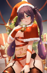 Rule 34 | 1girl, absurdres, aqua eyes, berserker r, black thighhighs, body writing, breasts, capelet, christmas, christmas tree, garter belt, garter straps, genshin impact, hat, heart, heart-shaped pupils, highres, medium breasts, mona (genshin impact), neck bell, purple hair, red capelet, red ribbon, ribbon, santa costume, santa hat, solo, sparkle print, symbol-shaped pupils, thighhighs, twintails
