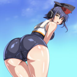 Rule 34 | 10s, 1girl, anime coloring, ass, asymmetrical hair, bare shoulders, black hair, blue skirt, blush, breasts, brown eyes, day, from behind, hair between eyes, hat, headphones, i-13 (kancolle), i-14 (kancolle), kantai collection, leaning forward, looking at viewer, looking back, medium breasts, monteriakitto, open mouth, outdoors, sailor collar, school swimsuit, shiny clothes, shiny skin, short hair, skirt, solo, swimsuit, tongue
