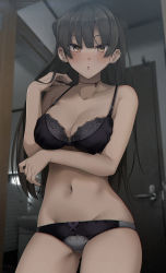 Rule 34 | 1girl, absurdres, bathroom, black bra, black hair, black panties, blurry, blurry background, blush, bow, bow panties, bra, breasts, cleavage, collarbone, commentary request, covered erect nipples, cowboy shot, depth of field, door, ear piercing, eyebrows hidden by hair, eyes visible through hair, film grain, gluteal fold, groin, hair between eyes, hand in own hair, hand up, highres, indoors, lace, lace-trimmed bra, lace trim, large breasts, light blush, long hair, looking at viewer, mirror, mishiranu joshikousei ni kankin sareta mangaka no hanashi, mole, mole on neck, navel, open door, open mouth, panties, piercing, ryouma (galley), sink, solo, standing, thighs, underwear, yellow eyes