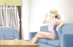 Rule 34 | 1girl, absurdres, annoyed, armchair, artoria pendragon (all), artoria pendragon (fate), blonde hair, breasts, chair, cleavage, coffee table, couch, covered navel, crossed legs, cup, curtains, drinking glass, er ci gudu, fate/grand order, fate (series), hair ribbon, highres, holding, holding cup, holding drinking glass, indoors, looking at viewer, naked towel, open mouth, ribbon, saber (fate), saber alter, sitting, solo, table, tissue box, towel, yellow eyes