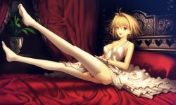 Rule 34 | 00s, 1girl, :d, absurdres, antenna hair, arcueid brunestud, bed, blonde hair, breasts, canopy bed, cleavage, collarbone, dress, frilled panties, frills, full body, garter straps, gloves, hair intakes, highres, indoors, kawanakajima, lace, lace-trimmed legwear, lace trim, legs up, lingerie, looking at viewer, medium breasts, nanotaro, no shoes, on bed, open mouth, panties, pantyshot, pillow, plant, red eyes, round teeth, short hair, sitting, sleeveless, sleeveless dress, smile, solo, teeth, thighhighs, tsukihime, underwear, upskirt, vase, white dress, white gloves, white panties, white thighhighs
