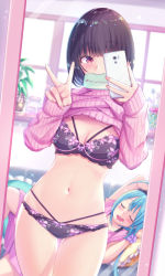 Rule 34 | 2girls, absurdres, artist name, black bra, black hair, black panties, blue hair, blunt bangs, blush, bob cut, bra, breasts, cellphone, cleavage, clothes lift, commentary request, cowboy shot, drooling, highres, holding, holding phone, indoors, jar, long sleeves, lying, medium breasts, mirror, mixed-language commentary, mouth hold, multiple girls, nail polish, navel, on back, original, panties, phone, pink nails, pink sweater, plant, potted plant, purple eyes, reflection, saliva, short hair, sleeping, sleeves past wrists, smartphone, solo focus, stomach, sweater, sweater lift, taking picture, tenzeru, thigh gap, twitter username, underwear, v, window