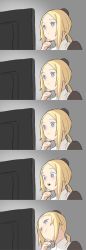 Rule 34 | 1girl, blonde hair, blue eyes, blush, closed mouth, commentary request, grey background, hand on own chin, hat, head tilt, highres, km yama, mini hat, monitor, original, ponytail, simple background, smile, solo