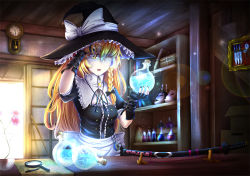 Rule 34 | 1girl, apron, black nails, blonde hair, bookshelf, bow, box, braid, breasts, cardboard box, clock, colored eyelashes, cork, cross, fingerless gloves, flask, flower, fox mask, gloves, glowing, gohei, hair flip, hair over one eye, hand in own hair, hat, hat bow, highres, indoors, jewelry, katana, kirisame marisa, knife, lens flare, long hair, looking at another, magnifying glass, map, mask, medium breasts, mini-hakkero, mochi (chain csn), nail polish, necklace, noh mask, one eye closed, parted lips, pen, pendant, pocket watch, puffy short sleeves, puffy sleeves, sheath, sheathed, shelf, short sleeves, single braid, solo, sparkle, star (symbol), sword, table, touhou, vase, waist apron, wall clock, watch, weapon, witch hat, yellow eyes, zipper