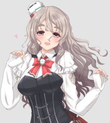 Rule 34 | 1girl, blush, breasts, brown eyes, corset, drunk, gradient background, grey background, grey hair, hair between eyes, hat, heart, highres, kantai collection, large breasts, long hair, long sleeves, looking at viewer, mini hat, nitamako (sakamalh), open mouth, pola (kancolle), shirt, smile, solo, thick eyebrows, tilted headwear, wavy hair, white shirt