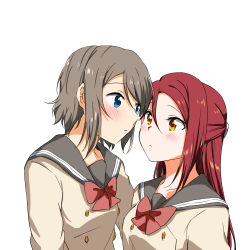 Rule 34 | 2girls, :d, absurdres, blue eyes, blush, bow, bowtie, braid, closed eyes, collarbone, couple, eye contact, french braid, grey hair, grey sailor collar, hair between eyes, hair ornament, hairclip, highres, long hair, looking at another, love live!, love live! sunshine!!, multiple girls, open mouth, parted lips, red bow, red hair, red neckwear, sailor collar, sakurauchi riko, school uniform, short hair, simple background, sketch, smile, upper body, uranohoshi school uniform, watanabe you, white background, yuchi (salmon-1000), yuri