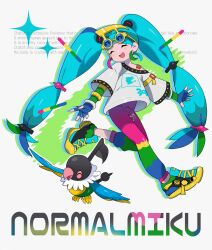 Rule 34 | 1girl, absurdres, aqua hair, bird, bracelet, chatot, closed eyes, creatures (company), earrings, fingerless gloves, game freak, gen 4 pokemon, gloves, hatsune miku, highres, jewelry, long hair, morizo (morizoshop), multicolored pants, musical note, nintendo, normal miku (project voltage), open mouth, pants, pokemon, pokemon (creature), project voltage, shirt, shoes, smile, sneakers, sunglasses, twintails, very long hair, vocaloid, white shirt
