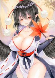 Rule 34 | 1girl, :d, alternate eye color, bird wings, black hair, black wings, blush, branch, breasts, bridal gauntlets, brown eyes, cleavage, collarbone, commentary request, eyelashes, feathered wings, hair between eyes, hand fan, hand on own chest, hat, hauchiwa, highres, holding, holding fan, japanese clothes, kourindou tengu costume, large breasts, leaf, long sleeves, looking at viewer, marker (medium), natsume nadeshiko, no bra, no panties, obi, official alternate costume, open mouth, pelvic curtain, pointy ears, pom pom (clothes), red hat, ribbon-trimmed sleeves, ribbon trim, sash, shameimaru aya, shiny skin, short hair, sidelocks, smile, solo, standing, thick thighs, thighs, tokin hat, tongue, touhou, traditional media, tree, wide sleeves, wings