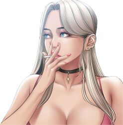Rule 34 | 1girl, blue eyes, cigarette, dr stein (pixiv), jewelry, mia (smoking hypnosis), nail, necklace, pink tank top, simple background, smoke, smoking hypnosis, tank top, upper body, white background