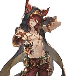 Rule 34 | 10s, 1boy, animal ears, arm behind head, clenched teeth, earrings, ears through headwear, elmott, erune, fingerless gloves, gift, gloves, granblue fantasy, jewelry, looking away, male focus, minaba hideo, necklace, official art, topless male, solo, tan, teeth, transparent background, upper body, white day