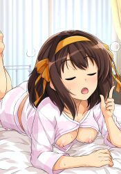 Rule 34 | 1girl, ass, breasts, breasts out, brown hair, female focus, haruhisky, highres, lying, medium breasts, nipples, on stomach, open mouth, short hair, solo, suzumiya haruhi, suzumiya haruhi no yuuutsu, the pose