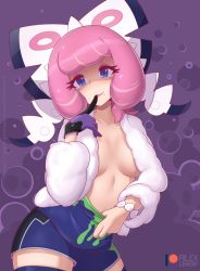 Rule 34 | 1girl, blue eyes, blush, bow, breasts, coat, collarbone, commentary, creatures (company), fur coat, game freak, gloves, hair bow, hairband, klara (pokemon), large breasts, looking at viewer, mole, mole under mouth, nintendo, no bra, no shirt, pink hair, pokemon, pokemon swsh, purple eyes, purple gloves, rilex lenov, short hair, single glove, smile, solo, watermark, web address, white bow, white coat