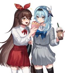 Rule 34 | 2girls, absurdres, amber (genshin impact), blue bow, blue eyes, bow, brown hair, cowboy shot, crepe, cup, drink, drinking straw, eating, eula (genshin impact), food, food on face, genshin impact, hairband, highres, long sleeves, multiple girls, nongxy nonshi, open mouth, pleated skirt, red hairband, red neckwear, sailor collar, school uniform, serafuku, simple background, skirt, smile, thighhighs, white background, yellow eyes