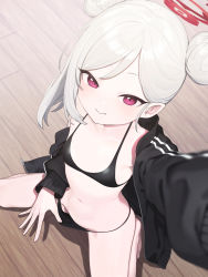 Rule 34 | 1girl, black bra, black jacket, black panties, blue archive, bra, breasts, closed mouth, double bun, grey hair, hair bun, halo, highres, jacket, long sleeves, looking at viewer, mutsuki (blue archive), navel, open clothes, open jacket, panties, panty pull, pointy ears, purple eyes, signalviolet, slit pupils, small breasts, smile, solo, underwear, wooden floor