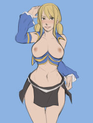 Rule 34 | 1girl, blonde hair, breasts, breasts out, fairy tail, kalruna, large breasts, lucy heartfilia, midriff, miniskirt, skirt, wide hips