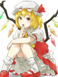 Rule 34 | 1girl, ascot, blonde hair, bloomers, bobby socks, fang, flandre scarlet, hat, mary janes, nathaniel pennel, open mouth, pennel, red eyes, shoes, short hair, side ponytail, simple background, skirt, skirt set, smile, socks, solo, touhou, underwear, white background, wings