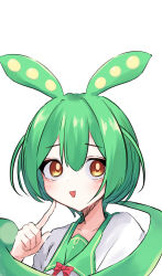 Rule 34 | 1girl, absurdres, blush, finger to cheek, green hair, green sailor collar, hair between eyes, highres, index finger raised, long hair, looking at viewer, open mouth, pea pod, sailor collar, shirt, simple background, smile, solo, tt (mmk lr), upper body, very long hair, voiceroid, voicevox, white background, white shirt, yellow eyes, zundamon