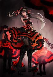 Rule 34 | 10s, 1girl, bad id, bad pixiv id, bare shoulders, black footwear, black hair, boots, cross-laced footwear, crossed arms, date a live, dress, from below, gothic lolita, heterochromia, highres, knee boots, lace, lace-trimmed legwear, lace-up boots, lace trim, lolita fashion, long hair, platform boots, platform footwear, smile, solo, thighhighs, thighs, tokisaki kurumi, twintails