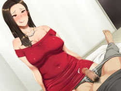 Rule 34 | 1girl, :q, bare shoulders, barefoot, bed, bijin oba-san no oikko check, black hair, blush, breasts, brown eyes, censored, cheating (relationship), cleavage, clothes pull, covered navel, dress, dutch angle, feet, highres, indoors, jewelry, large breasts, legs, licking lips, long hair, looking down, lying, male pubic hair, mosaic censoring, motion lines, naughty face, necklace, on bed, original, pants, pants pull, pearl necklace, penis, pubic hair, red dress, shikuta maru, sitting, smile, thighs, toes, tongue, tongue out, undressing